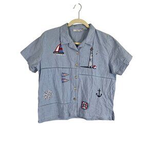 Vintage Coastal Sailboat Top PM Blue Tank Retro Classic Euro Summer Preppy 80s